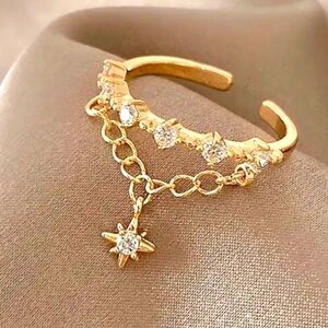 Trendy Star Chain Ring Open ring Sparkly Gold Tone Ring NEW